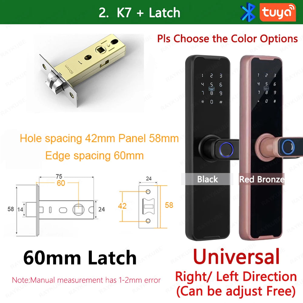 RAYKUBE Biometric Fingerprint Door Lock K7 Pro+ Black Smart Lock Tuya App Remote Unlocking Keyless Lock Electronic Door Lock